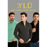 ModaSize(10447) Erkek Fitilli Triko Kazak 3’lü Set – Mint Yeşili, Siyah, Füme Kalın Dokuma Pamuklu Regular Fit V Yaka Fermuarlı Uzun Kollu Rahat Kışlık Kazak Kombini-2XL-