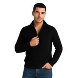 ModaSize(11562) Erkek Yarım Fermuarlı Triko Kazak – Selanik Örgü, Dik Yaka, Pamuklu Dokuma, Regular Fit Uzun Kollu Kışlık Model - Siyah-S-