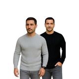 ModaSize(11905) Erkek Fitilli Triko Kazak 2’li Set – Siyah - Gri, Kalın Dokuma Pamuklu Regular Fit Bisiklet Yaka Uzun Kollu Rahat Kışlık Kazak Kombini-XL-