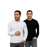 ModaSize(11910) Erkek Fitilli Triko Kazak 2’li Set – Siyah - Beyaz, Kalın Dokuma Pamuklu Regular Fit Bisiklet Yaka Uzun Kollu Rahat Kışlık Kazak Kombini-L-