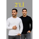 ModaSize(11914) Erkek Fitilli Triko Kazak 2’li Set – Siyah - Beyaz, Kalın Dokuma Pamuklu Regular Fit Bisiklet Yaka Uzun Kollu Rahat Kışlık Kazak Kombini-M-