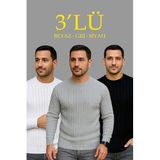 ModaSize(11932) Erkek Fitilli Triko Kazak 3’lü Set – Beyaz, Gri, Siyahkalın Dokuma Pamuklu Regular Fit Bisiklet Yaka Uzun Kollu Kışlık ve Baharlık Rahat Triko Kombini-S-