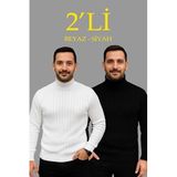 ModaSize(11942) Erkek Fitilli Triko Kazak 2li Set Beyaz Siyah Regular Balıkcı Yaka Tam Boğazlı Triko Seti Modeli Kazak-L-