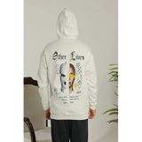 ModaSize(14285) Oversize Üç Iplik Şardonlu Kapüşonlu Sweatshirt – Beyaz “other Lives” Ön ve Arka Baskılı, Kanguru Cepli, Ribanalı Rahat Kışlık Model Beyaz-S-