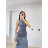 ModaSize(16237) Kolsuz Büzgülü Uzun Elbise - Füme-M-
