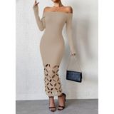 ModaSize(17738) Kadın Madonna Yaka Uzun Kollu Lazer Çiçek Kesim Detaylı Uzun Ithal Krep Elbise-L-XL