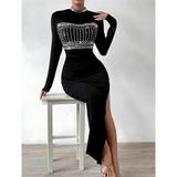 ModaSize(23247) Kadın Yarım Balıkçı Yaka Taş Işemeli Bacak Dekolteli Maxi Boy Elbise-M-1