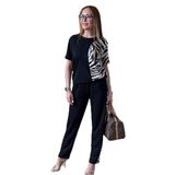 ModaSize(4092) Kadın Bisiklet Yaka Kısa Kol Leopar Desen Bluz ve Pantolon Ikili Takım-4XL-5XL
