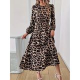 ModaSize(4213) Uzun Kollu Bisiklet Yaka Leopar Desenli Midi Süprem Elbise-S-M