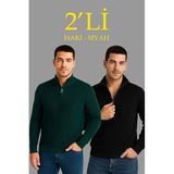 ModaSize(4347) Erkek Fitilli Triko Kazak 2’li Set – Siyah - Haki Kalın Dokuma Pamuklu Regular Fit V Yaka Fermuarlı Uzun Kollu Rahat Kışlık Kazak Kombini-S-