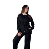 ModaSize(4627) Kadın Uzun Kollu Bisiklet Yaka Belden Büzgülü Bağcıklı Viskon Iki Iplik Bluz ve Pantolon Ikili Takım-S-M
