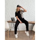 ModaSize(9485) Kadın Bisiklet Yaka Kısa Kol Leopar Desen Bluz ve Pantolon Ikili Takım-L-XL