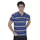 ModaSize(952) Erkek Yakalı Slim Fit Dokuma Çizgili T-Shirt - Mavi-S-