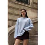 MODASPARK Mavi Bisiklet Yaka Oversize Kadın Triko Kazak