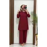 modasura 1333 K 90 bordo tokalı fitilli burgu kumaş tunik pantolon takım buyuk beden yeni sezon