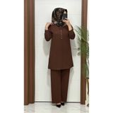 modasura 2850 K 140 kahverengi fitilli burgu kumaş tunik pantolon takım halka detay buyuk beden yeni sezon