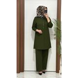 modasura 2850 K 90 haki fitilli burgu kumaş tunik pantolon takım halka detay buyuk beden yeni sezon