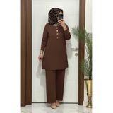 modasura 7044 K 90 kahverengi DÜĞMELİ fitilli burgu kumaş tunik pantolon takım buyuk beden yeni sezon