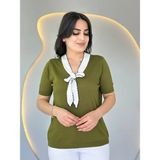 Modatıkla Kadın Kısa Kollu V Yaka Fular Detay Merserize Triko Bbluz - Yeşil - Standart