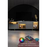 Modatte NORM TV ÜNİTESİ RGB LED IŞIKLI GOLD DEMİR AYAKLI RAFLI DOLAPLI ANTRASİT TV SEHPASI