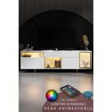 Modatte NORM TV ÜNİTESİ RGB LED IŞIKLI GOLD DEMİR AYAKLI RAFLI DOLAPLI BEYAZ TV SEHPASI