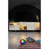 Modatte NORM TV ÜNİTESİ RGB LED IŞIKLI GOLD DEMİR AYAKLI RAFLI DOLAPLI TRAVERTEN TV SEHPASI