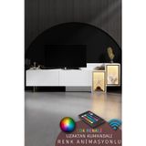 Modatte TENON 213.2 cm TV ÜNİTESİ RGB LED IŞIKLI GOLD DEMİR AYAKLI RAFLI DOLAPLI BEYAZ TV SEHPASI