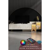 Modatte TENON 213.2 cm TV ÜNİTESİ RGB LED IŞIKLI GOLD DEMİR AYAKLI RAFLI DOLAPLI TRAVERTEN TV SEHPASI