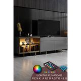 Modatte VİENNA TV ÜNİTESİ RGB LED IŞIKLI GOLD DEMİR AYAKLI RAFLI DOLAPLI ANTRASİT TV SEHPASI