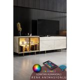 Modatte VİENNA TV ÜNİTESİ RGB LED IŞIKLI GOLD DEMİR AYAKLI RAFLI DOLAPLI TRAVERTEN TV SEHPASI