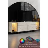 Modatte ZENİTH TV ÜNİTESİ RGB LED IŞIKLI GOLD DEMİR AYAKLI RAFLI DOLAPLI TRAVERTEN TV SEHPASI