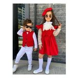 MODAVALS KARDEŞ KOMBİN DANTELLİ BRODE BROŞLU KIZ ÇOCUK FIRFIRLI SLOPET - KIRMIZI