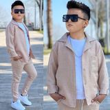 Modavals Kol Katlamalı Keten Gömlek & Beli Lastikli Keten Pantolon & Pamuklu Tshırt & Zincir Aksesuar 4lü Keten Erkek Çocuk Takım - Bej - 4 - 5 Yaş