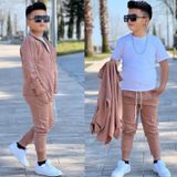 MODAVALS KOL KATLAMALI KETEN GÖMLEK & BELİ LASTİKLİ KETEN PANTOLON & PAMUKLU TSHIRT & ZİNCİR AKSESUAR 4LÜ KETEN ERKEK ÇOCUK TAKIM