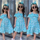 Modavals Mint Yeşili Kardeş Kombin Kız Çocuk Elbise & Bandana Kombin - 9 - 10 Yaş - Mint Çiçekli