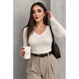 modavingo Kadın Ekru V Yaka Uzun Kollu Basic Body