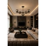 Modavize Roma Modern Tasarım Salon Yemek Odası Mutfak Siyah Renk Füme Camlı Sıralı 5 Li Avize