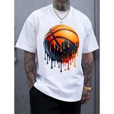 Modaya Uygun, Eriyen Basketbol Desenli Baskılı Erkek Kısa Kollu Tişört - Beyaz - XL