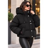 Modayıldızlar Kadın Siyah Çıt Çıt Kapüşonlu Kısa Şişme Mont – Oversize Puffer Kışlık Mont