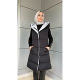 Modayıldızlar Siyah Gri Çift Taraflı Kapüşonlu Uzun Şişme Yelek