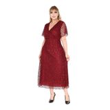 modayız Kruvaze Yaka Büyük Beden Payetli Bordo Abiye Elbise 4E-2680