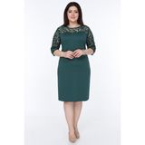 Modayız Yeşil Floklu Büyük Beden Elbise Bodycon Klasik Stil Truvakar Kol - 46