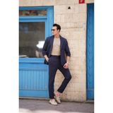 Modefendicom %100 Pamuk Keten Modern Fit Örgü Kemer Detaylı Keten Takım Elbise - Lacivert