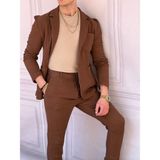Modefendicom Kırışık Kumaş Keten Ceket Pantolon Takım Elbise - Kahverengi - 2XL