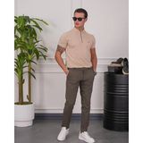 Modefendicom Pamuk Likra Slim Fit Kalıp Bebe Yaka Fermuarlı Tshirt - Krem - XL