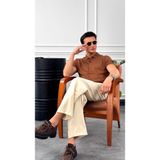 Modefendicom Slim Fit Polo Yaka Triko Pamuk Kısa Kollu Gömlek - Kahverengi - XL