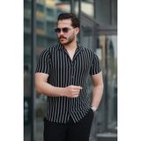Moderie Butik Erkek Kısa Kollu Beyaz Çizgi Desenli Örme Kumaş Pamuklu Gömlek - Siyah
