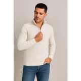 Moderie Butik Erkek Yarım Fermuarlı Triko Kazak – Selanik Örgü, Dik Yaka, Pamuklu Dokuma, Regular Fit Uzun Kollu Kışlık Model - Beyaz - XL