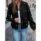 Moderie Butik Kadın Uzun Kollu Önden Fermuarlı Incili Kısa Modal Ceket - Siyah - 2XL - 3XL