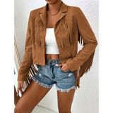 Moderie Butik Kadın Uzun Kollu Yakalı Kısa Püsküllü Süet Ceket - Kahve - 2XL - 3XL